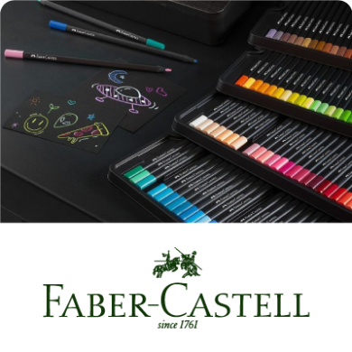 Juego de lápices Faber-Castell con dibujos de colores sobre papel negro.